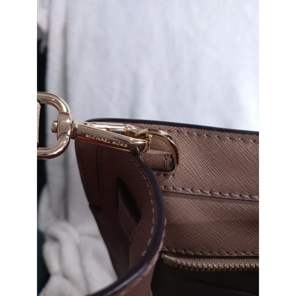 Michael Kors Dillon Saffiano Leather Satchel Crossbody Bag Tan Gold Hardware